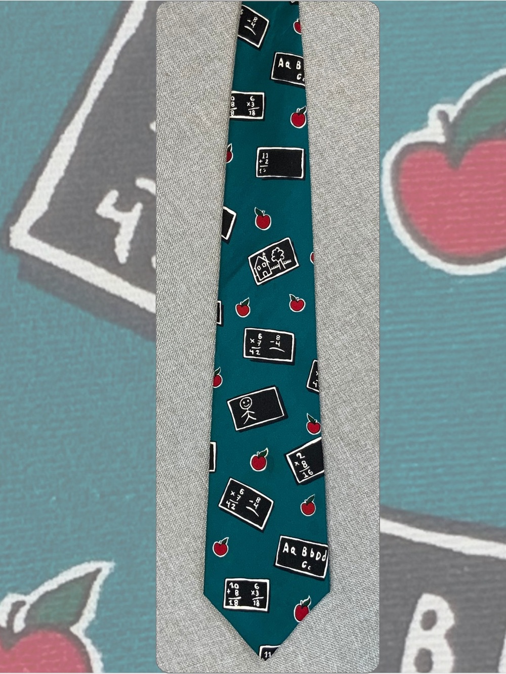 Teacher Tie Back to School Apple Chalkboard Silk Teal Save the Children